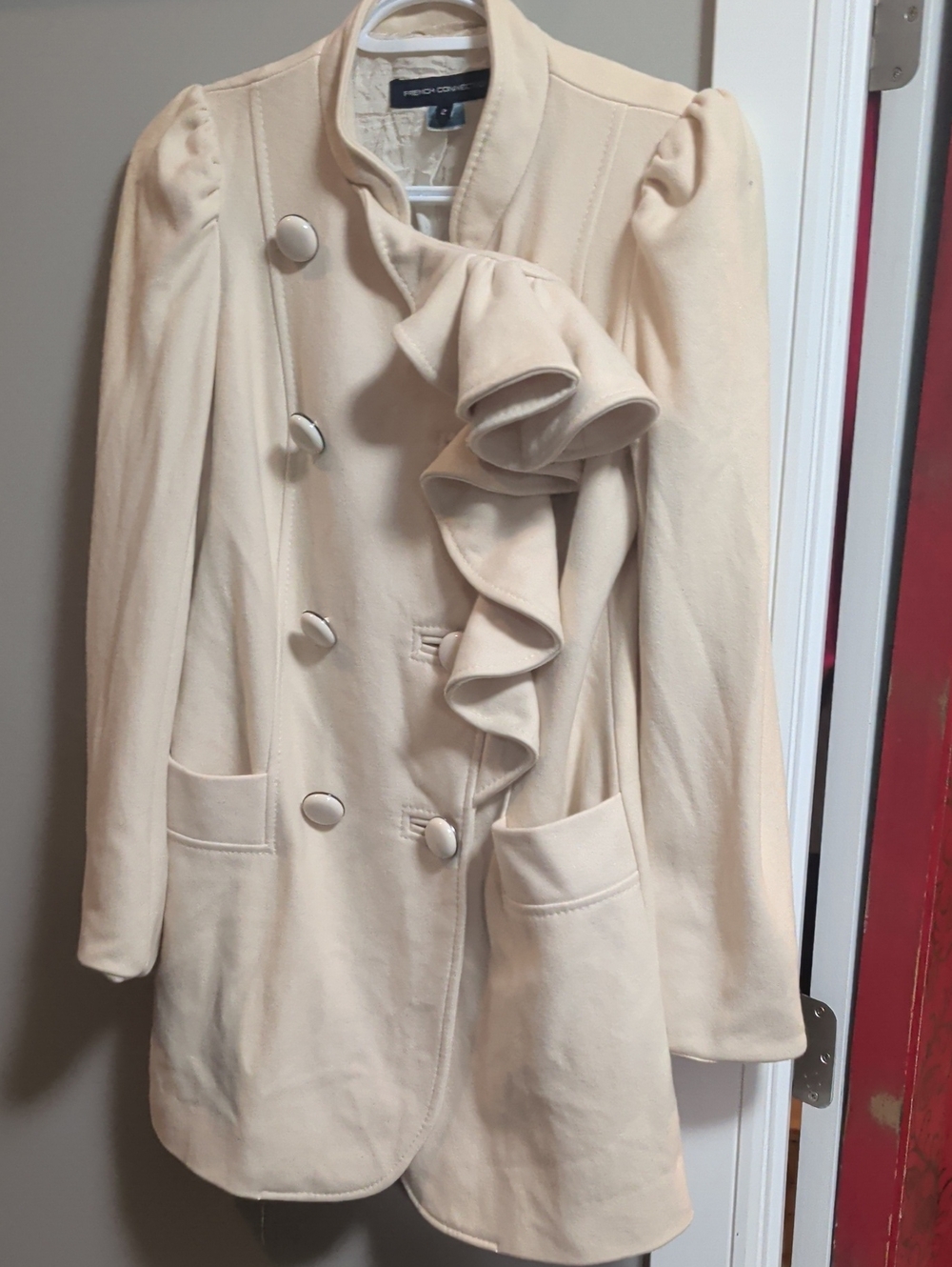 French Connection Cream Ruffle Double-Breasted Pea Coat